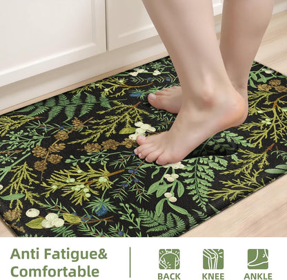Black Green Botanical Kitchen Rugs Set of 2 Plant Leaf Anti-Fatigue Kitchen Mat Natural Comfort Standing Waterproof PVC Mats 2/5" Thick Leather Carpet for Laundry Office Sink(17.3" x28" + 17.3" x 59")