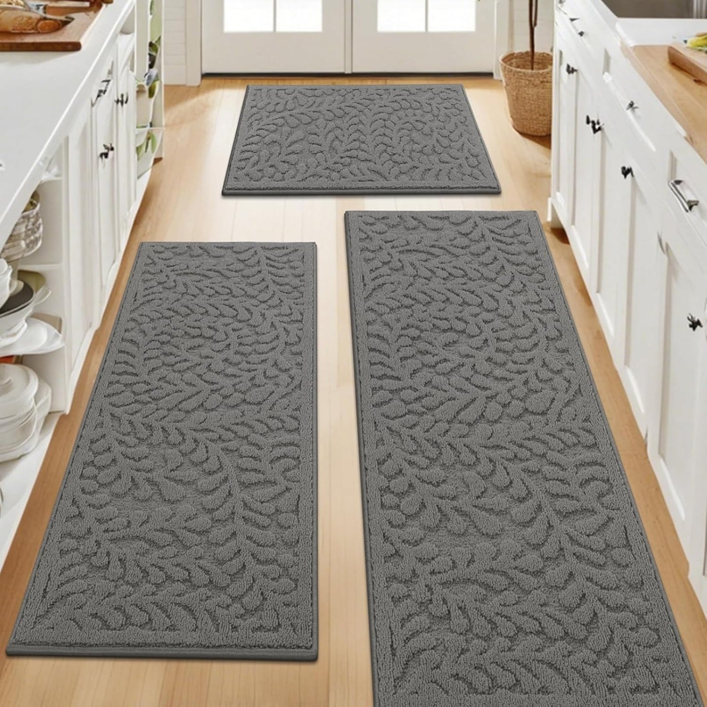 SHACOS Kitchen Rugs Sets of 3 Non Slip Washable Polypropylene Low Pile Absorbent Resist Dirt Kitchen Floor Mat 3 Piece for Entryway, Hallway, Front of Sink (24"x36"+24"x59"+24"x71", Leaves Beige)