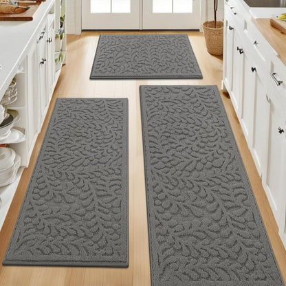 SHACOS Kitchen Rugs Sets of 3 Non Slip Washable Polypropylene Low Pile Absorbent Resist Dirt Kitchen Floor Mat 3 Piece for Entryway, Hallway, Front of Sink (24"x36"+24"x59"+24"x71", Leaves Beige)