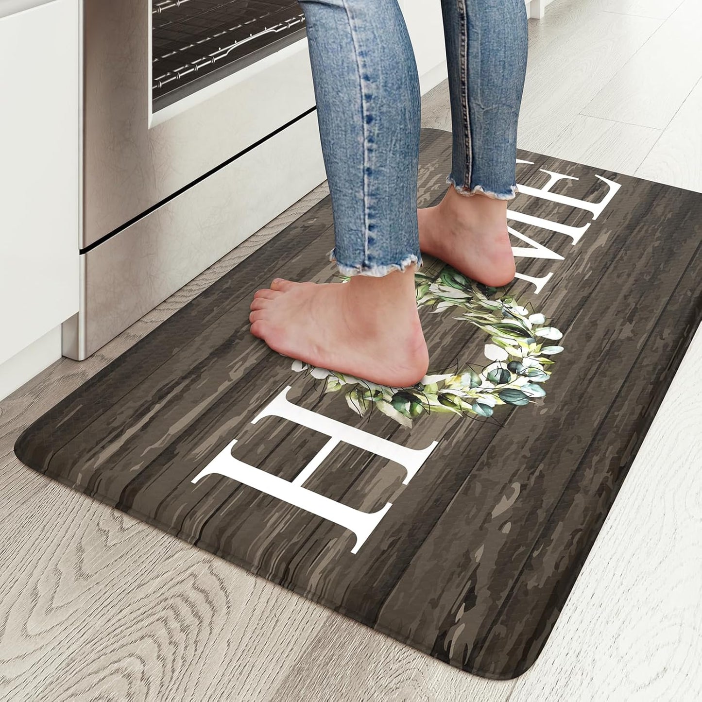 KIMODE Kitchen Anti Fatigue Rug Set of 2, Ergonomic Standing Kitchen Mat Set 2PCS, Farmhouse Kitchen Runner Stain Resistant, Non Slip Waterproof Kitchen Mats for Floor, 20" x 71" + 20" x 32", White