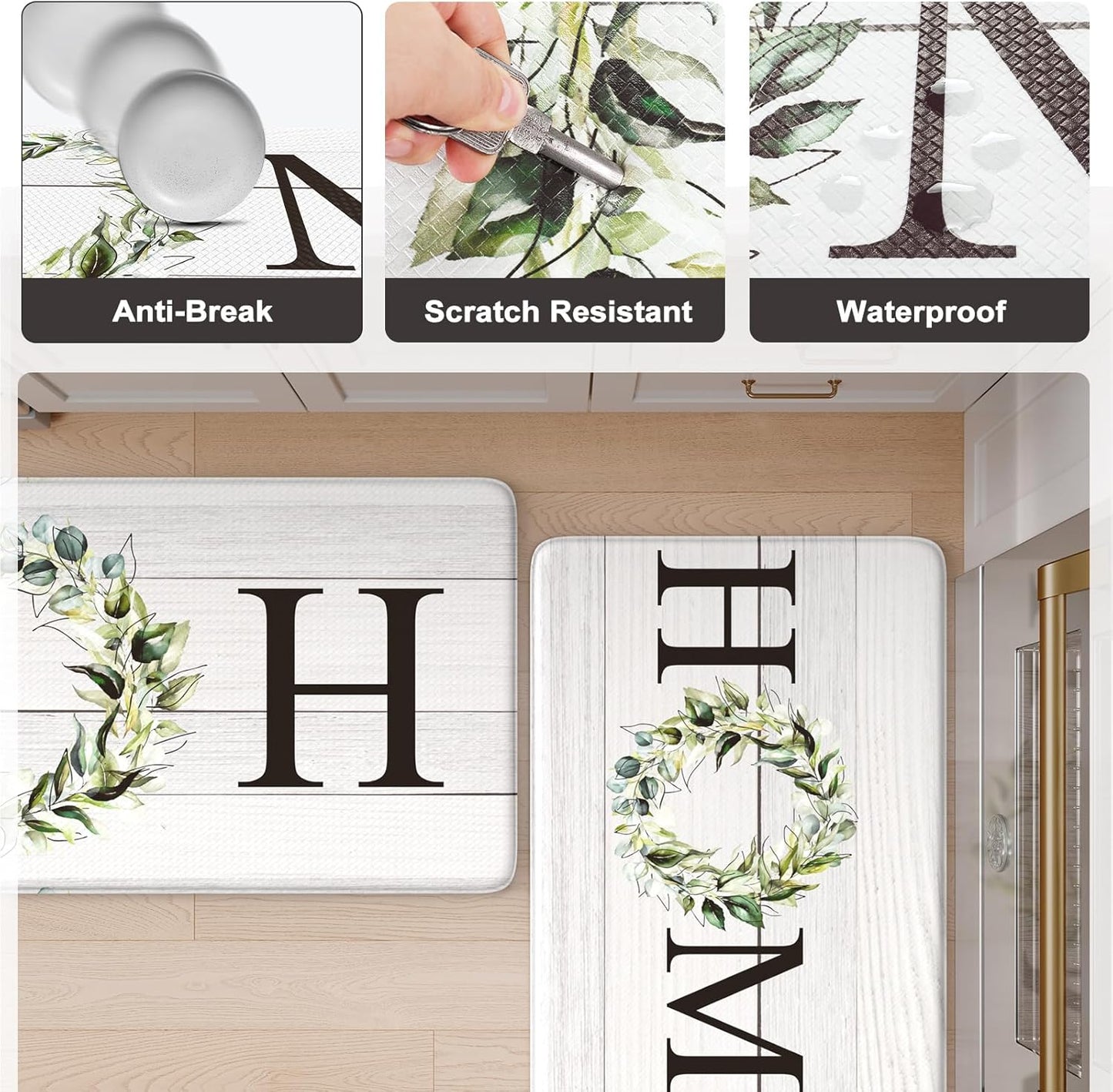 KIMODE Kitchen Anti Fatigue Rug Set of 2, Ergonomic Standing Kitchen Mat Set 2PCS, Farmhouse Kitchen Runner Stain Resistant, Non Slip Waterproof Kitchen Mats for Floor, 20" x 71" + 20" x 32", White