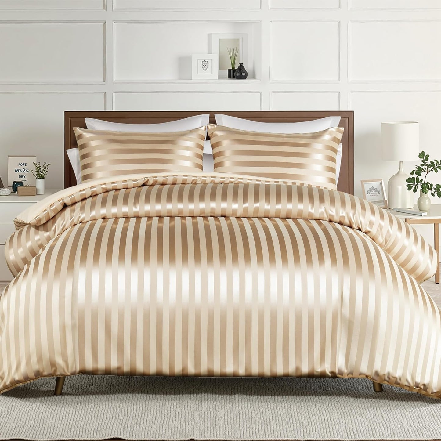 Whale Flotilla 3-Piece Reversible Silky Soft King Size Comforter Set, Luxury Stripe Satin Oversized Comforter Bedding Set with 2 Satin Pillowcases, Lightweight Duvet for All Seasons, Black