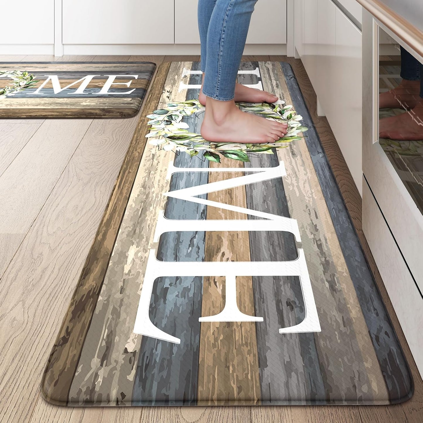 KIMODE Kitchen Anti Fatigue Rug Set of 2, Ergonomic Standing Kitchen Mat Set 2PCS, Farmhouse Kitchen Runner Stain Resistant, Non Slip Waterproof Kitchen Mats for Floor, 20" x 71" + 20" x 32", White