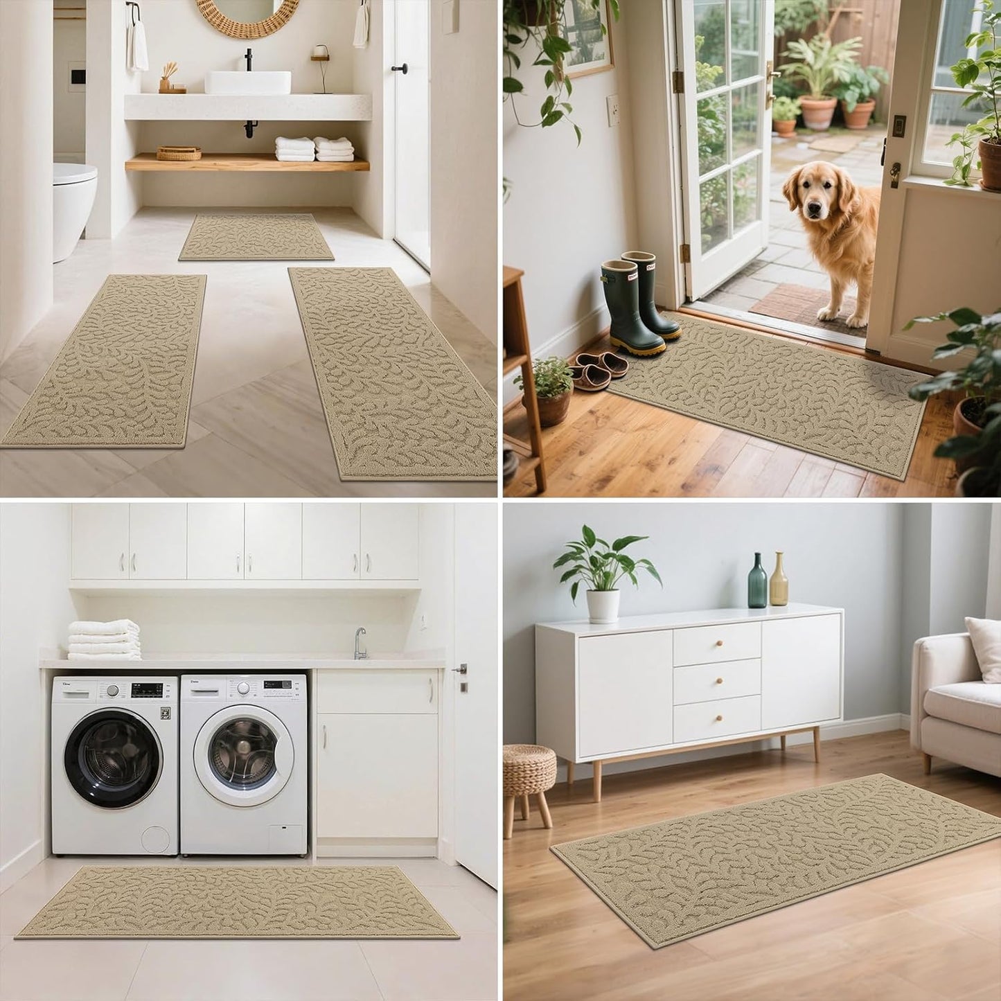 SHACOS Kitchen Rugs Sets of 3 Non Slip Washable Polypropylene Low Pile Absorbent Resist Dirt Kitchen Floor Mat 3 Piece for Entryway, Hallway, Front of Sink (24"x36"+24"x59"+24"x71", Leaves Beige)