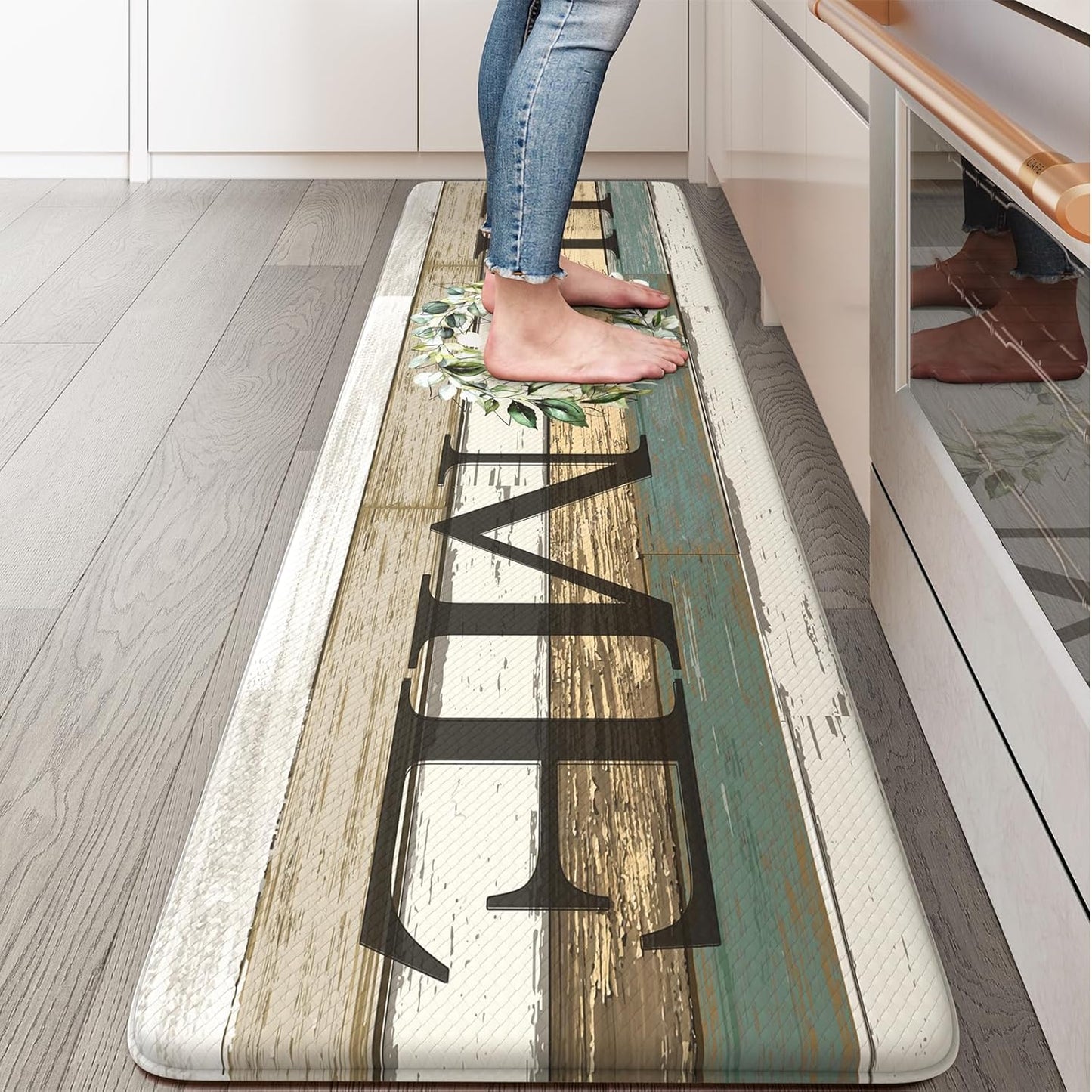 KIMODE Kitchen Anti Fatigue Rug Set of 2, Ergonomic Standing Kitchen Mat Set 2PCS, Farmhouse Kitchen Runner Stain Resistant, Non Slip Waterproof Kitchen Mats for Floor, 20" x 71" + 20" x 32", White