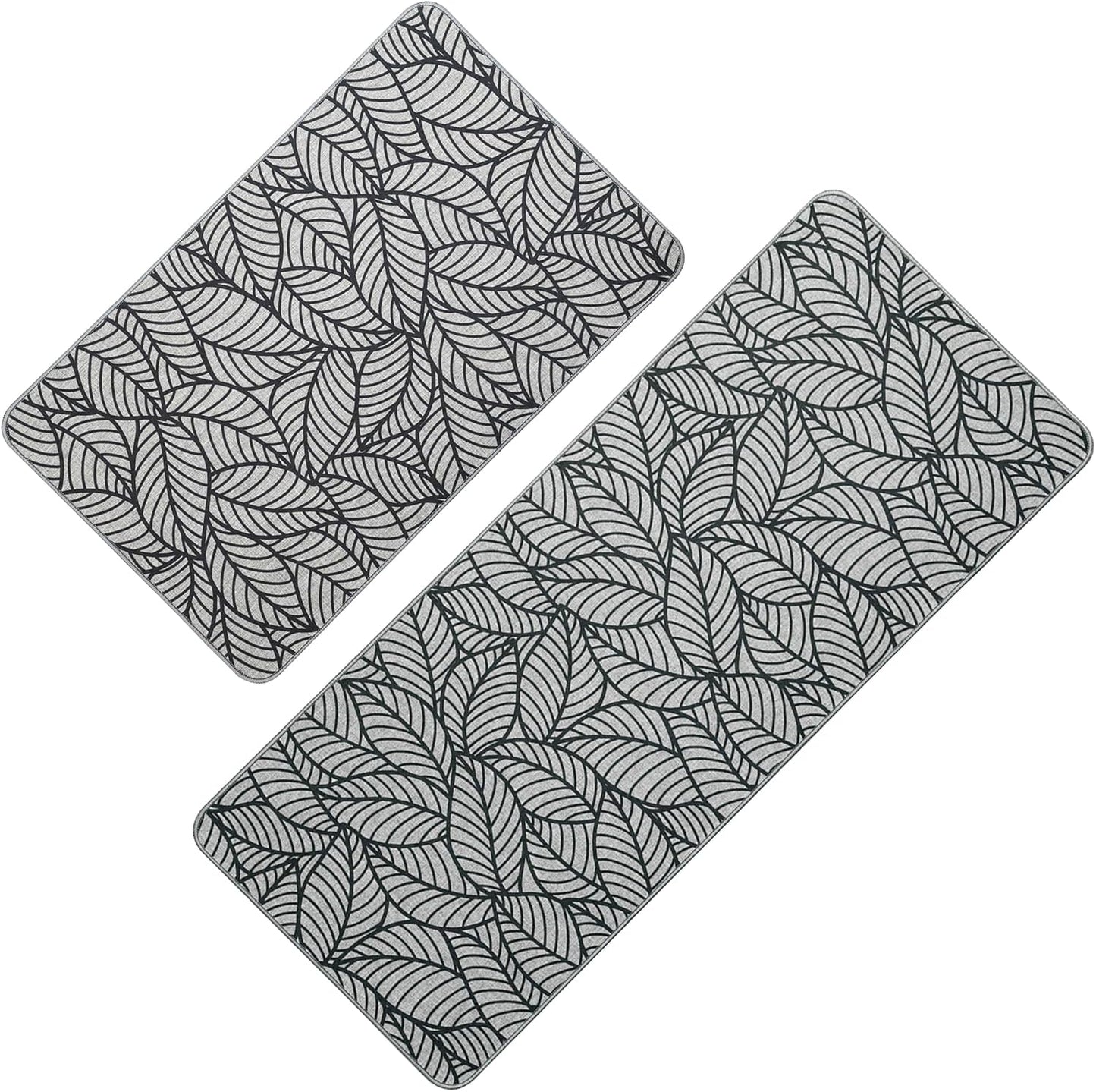 EVIDECO French Home Goods Set of 2 Jungle Printed Kitchen Mats - Gray Leaves Design - Stylish & Durable - Ideal for Homeowners & Renters - Non Slip & Comfort Floor Mat