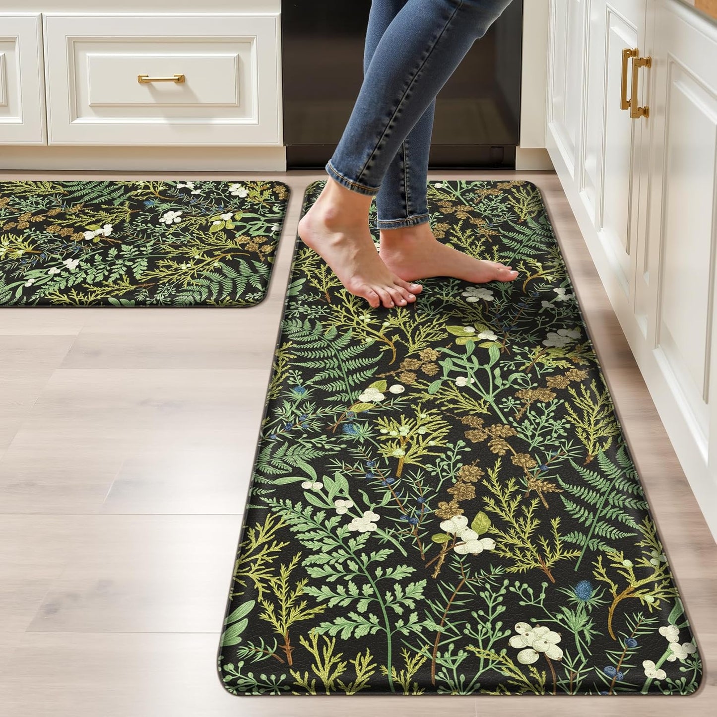 Black Green Botanical Kitchen Rugs Set of 2 Plant Leaf Anti-Fatigue Kitchen Mat Natural Comfort Standing Waterproof PVC Mats 2/5" Thick Leather Carpet for Laundry Office Sink(17.3" x28" + 17.3" x 59")