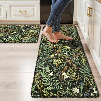 Black Green Botanical Kitchen Rugs Set of 2 Plant Leaf Anti-Fatigue Kitchen Mat Natural Comfort Standing Waterproof PVC Mats 2/5" Thick Leather Carpet for Laundry Office Sink(17.3" x28" + 17.3" x 59")