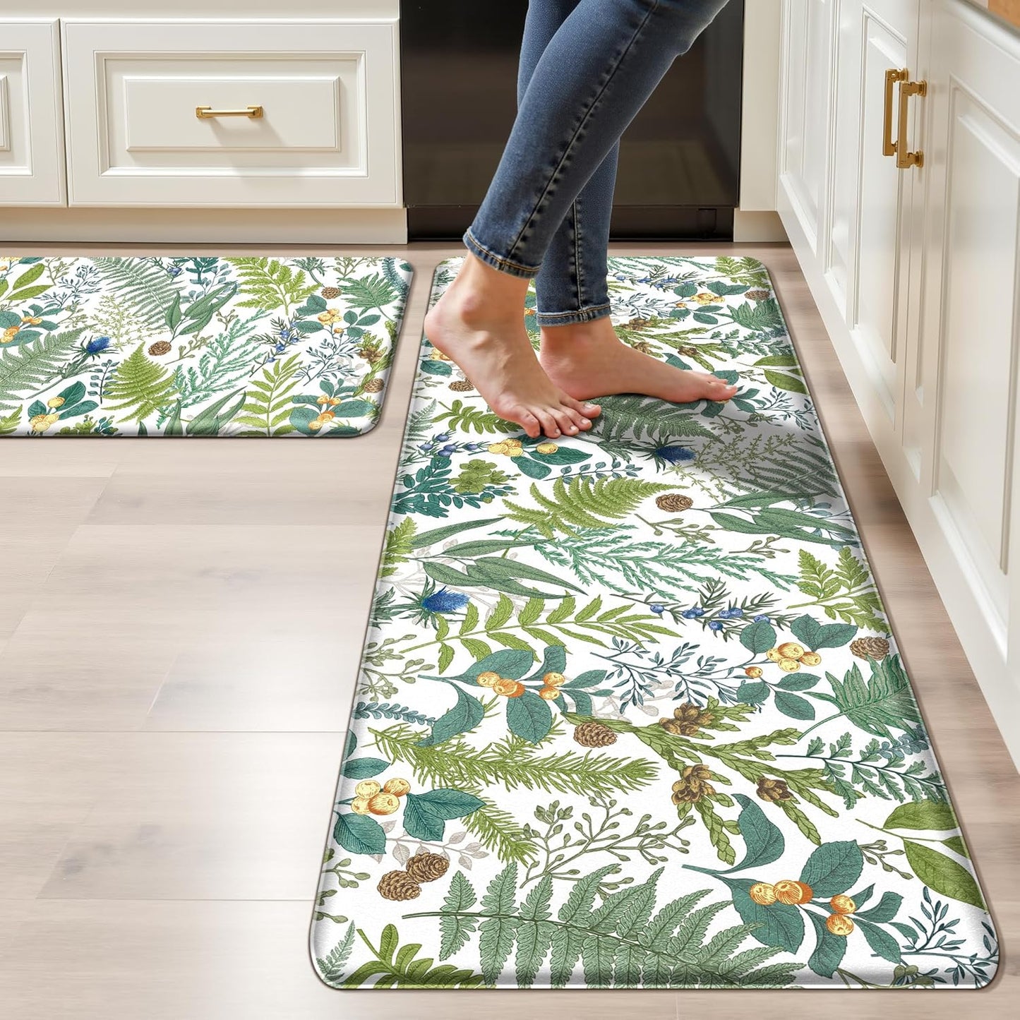 Black Green Botanical Kitchen Rugs Set of 2 Plant Leaf Anti-Fatigue Kitchen Mat Natural Comfort Standing Waterproof PVC Mats 2/5" Thick Leather Carpet for Laundry Office Sink(17.3" x28" + 17.3" x 59")