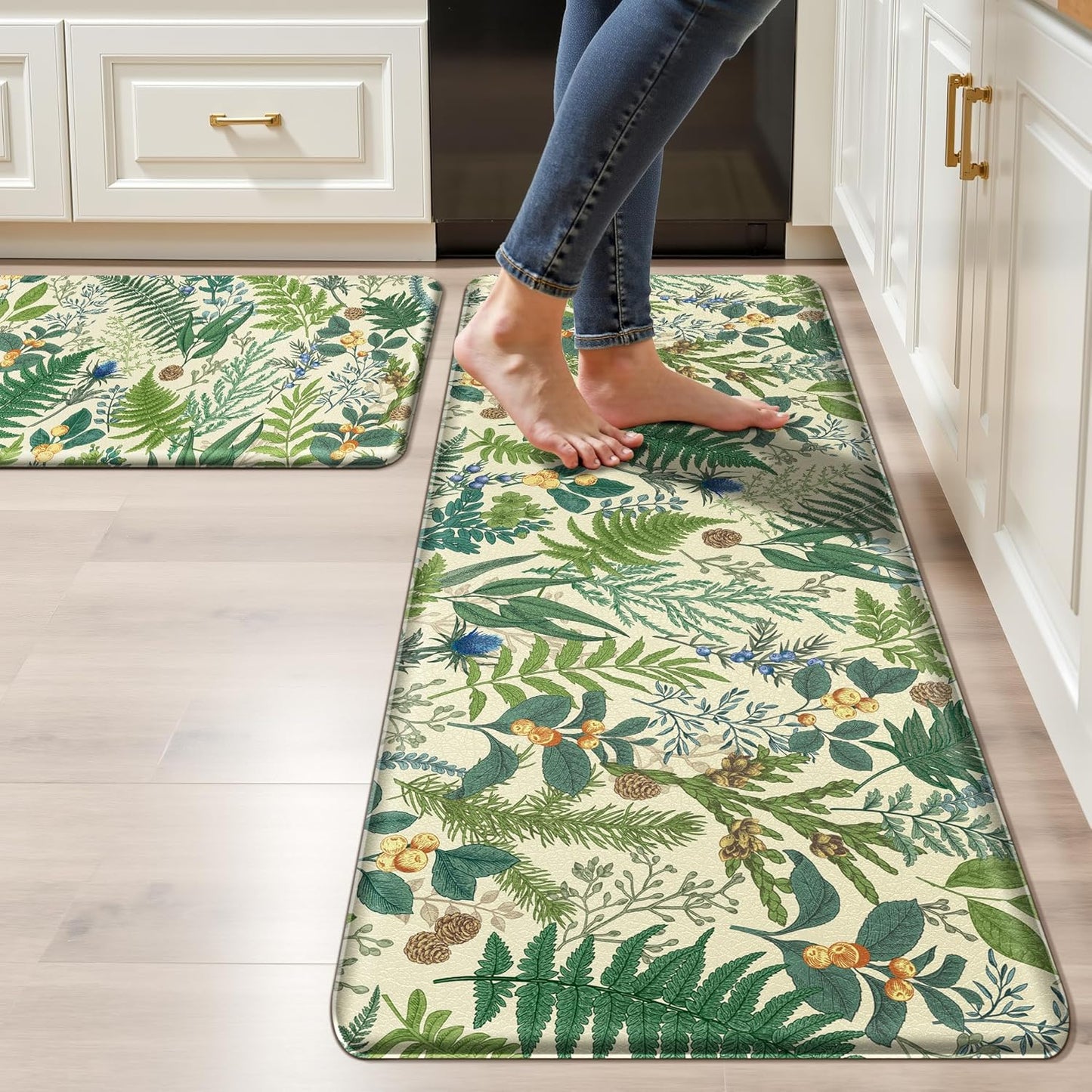 Black Green Botanical Kitchen Rugs Set of 2 Plant Leaf Anti-Fatigue Kitchen Mat Natural Comfort Standing Waterproof PVC Mats 2/5" Thick Leather Carpet for Laundry Office Sink(17.3" x28" + 17.3" x 59")