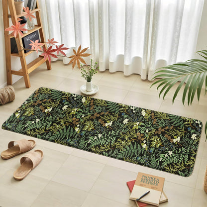 Black Green Botanical Kitchen Rugs Set of 2 Plant Leaf Anti-Fatigue Kitchen Mat Natural Comfort Standing Waterproof PVC Mats 2/5" Thick Leather Carpet for Laundry Office Sink(17.3" x28" + 17.3" x 59")