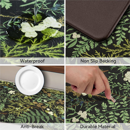 Black Green Botanical Kitchen Rugs Set of 2 Plant Leaf Anti-Fatigue Kitchen Mat Natural Comfort Standing Waterproof PVC Mats 2/5" Thick Leather Carpet for Laundry Office Sink(17.3" x28" + 17.3" x 59")