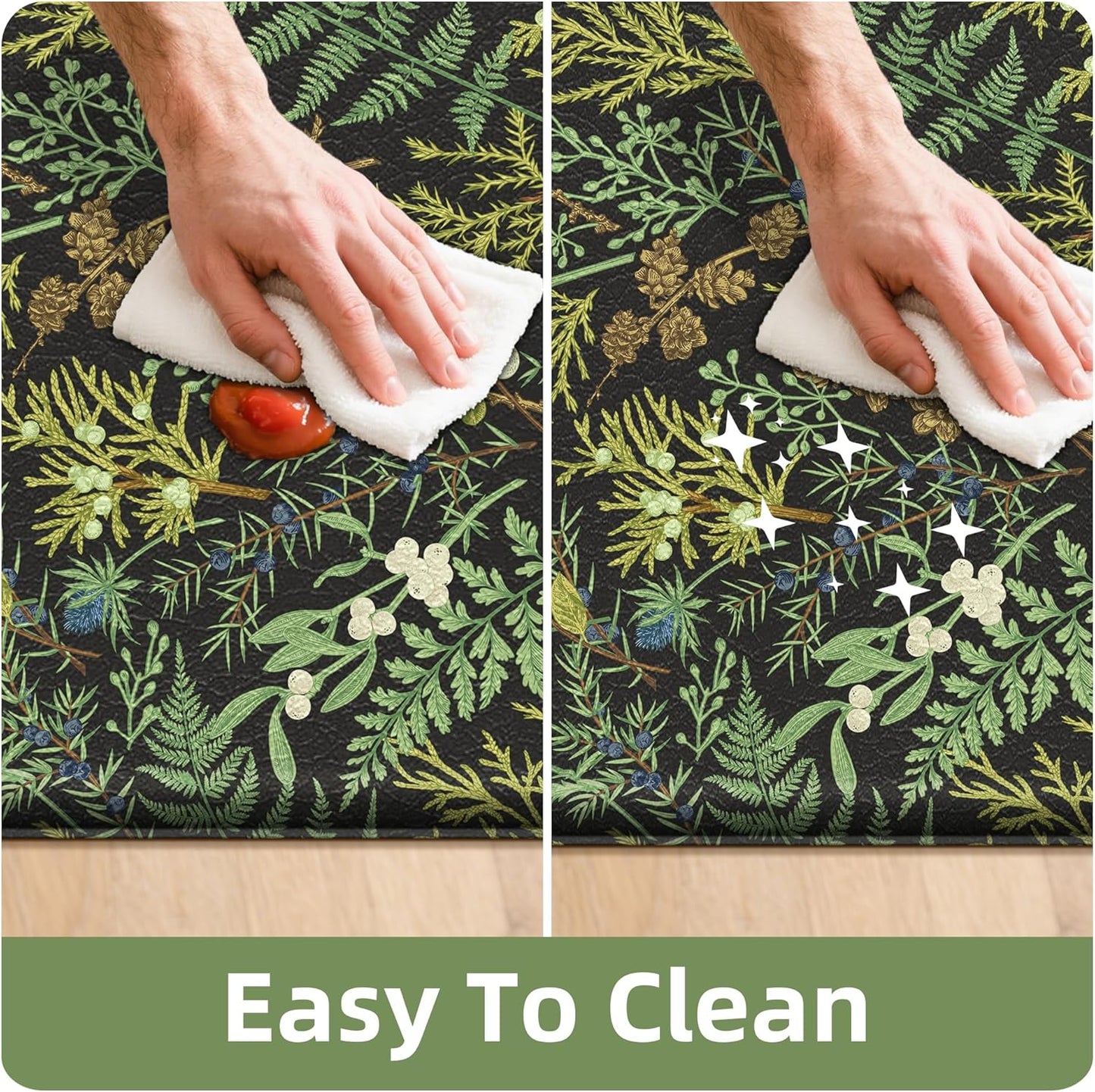 Black Green Botanical Kitchen Rugs Set of 2 Plant Leaf Anti-Fatigue Kitchen Mat Natural Comfort Standing Waterproof PVC Mats 2/5" Thick Leather Carpet for Laundry Office Sink(17.3" x28" + 17.3" x 59")
