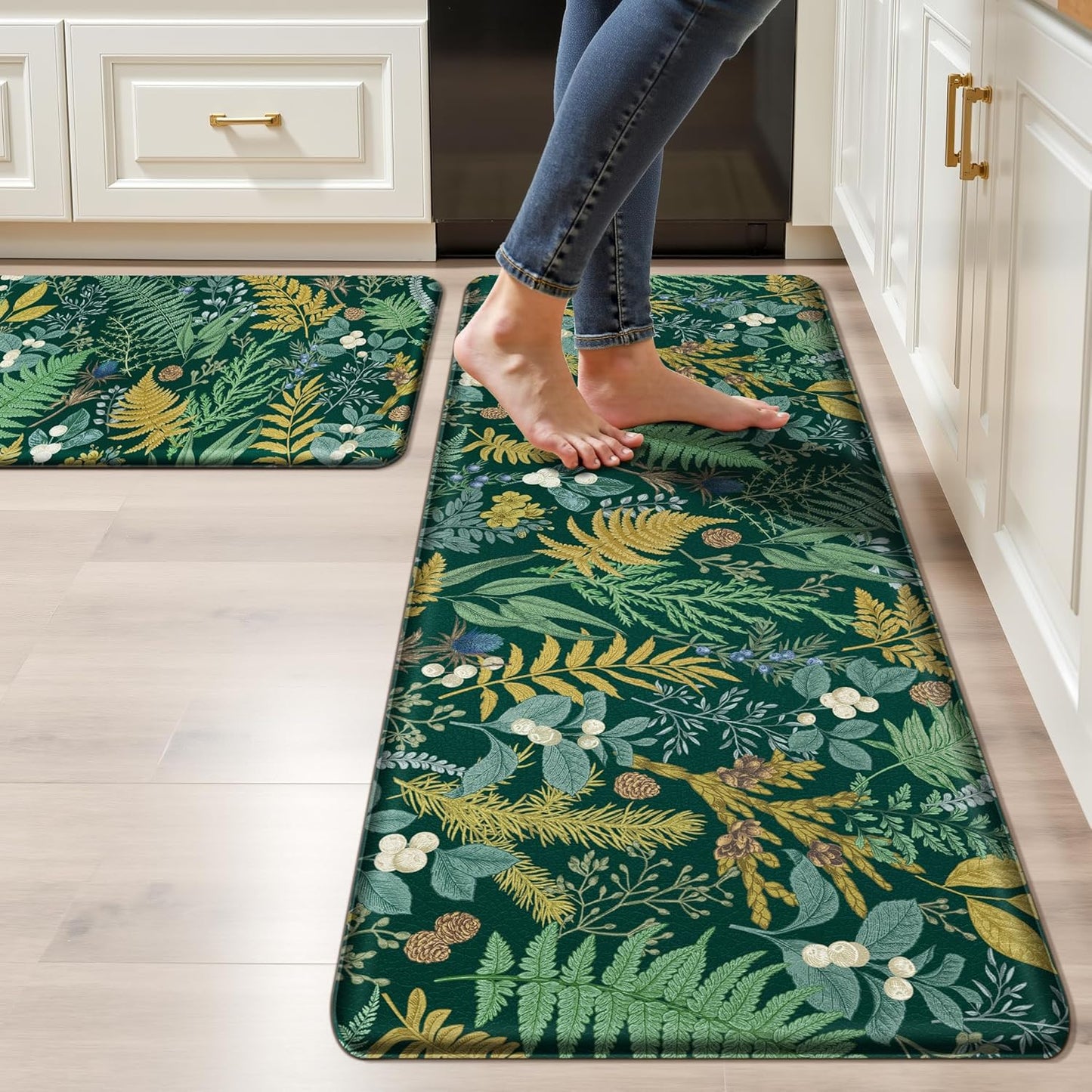 Black Green Botanical Kitchen Rugs Set of 2 Plant Leaf Anti-Fatigue Kitchen Mat Natural Comfort Standing Waterproof PVC Mats 2/5" Thick Leather Carpet for Laundry Office Sink(17.3" x28" + 17.3" x 59")