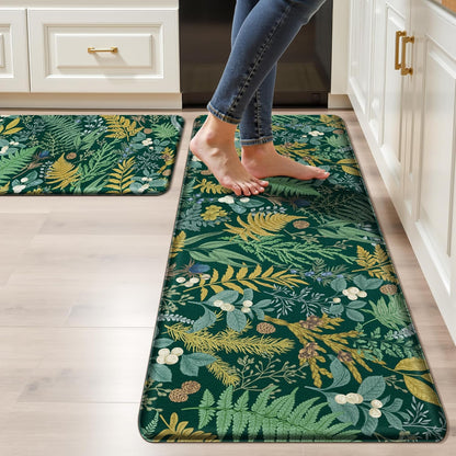 Black Green Botanical Kitchen Rugs Set of 2 Plant Leaf Anti-Fatigue Kitchen Mat Natural Comfort Standing Waterproof PVC Mats 2/5" Thick Leather Carpet for Laundry Office Sink(17.3" x28" + 17.3" x 59")