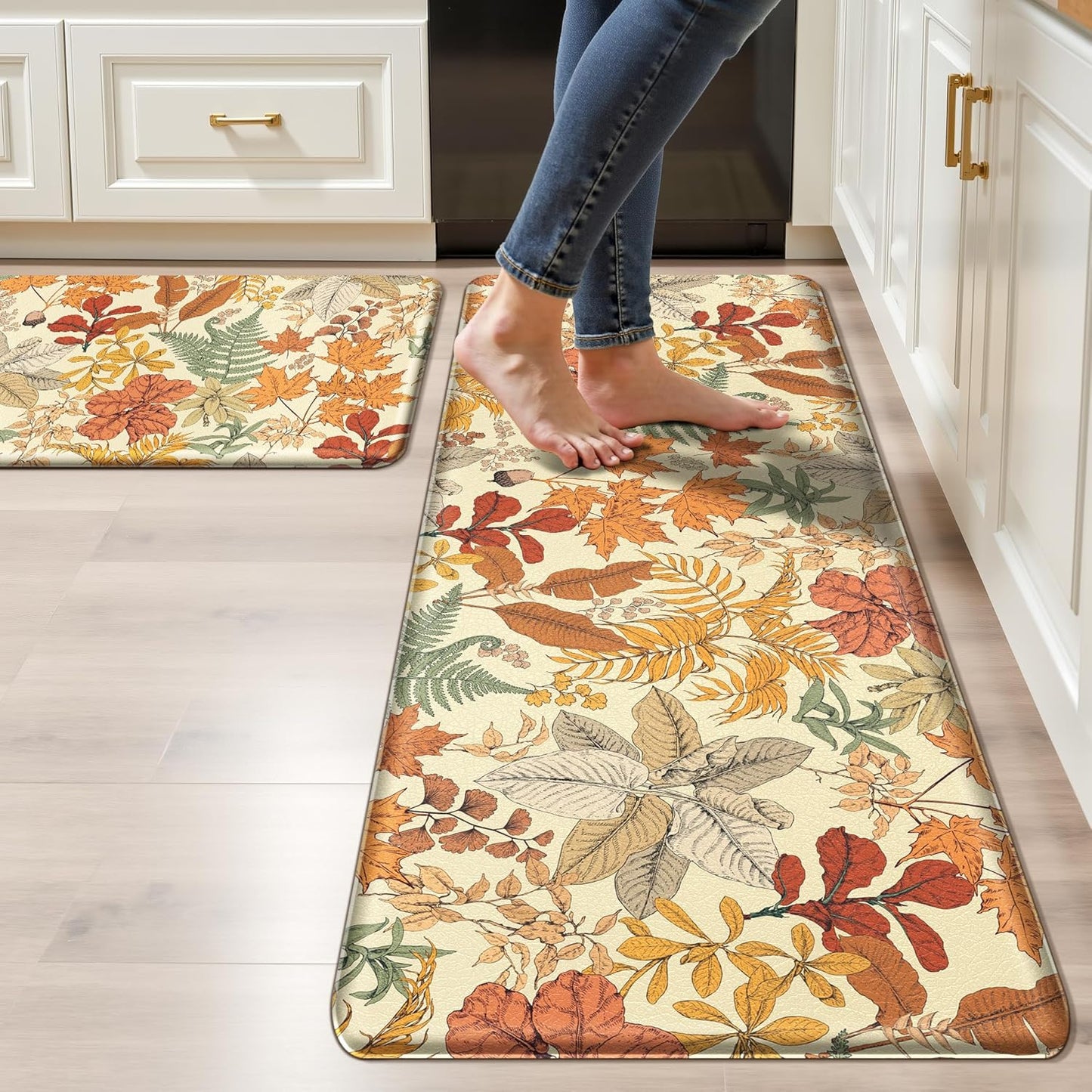 Black Green Botanical Kitchen Rugs Set of 2 Plant Leaf Anti-Fatigue Kitchen Mat Natural Comfort Standing Waterproof PVC Mats 2/5" Thick Leather Carpet for Laundry Office Sink(17.3" x28" + 17.3" x 59")