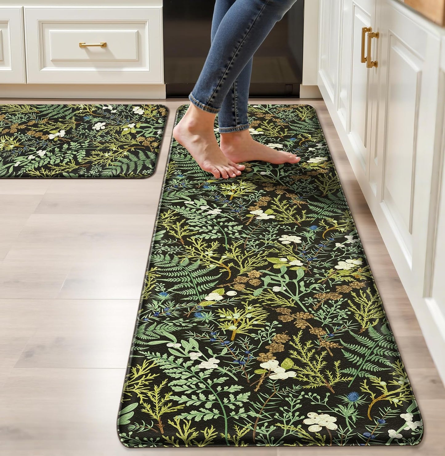 Black Green Botanical Kitchen Rugs Set of 2 Plant Leaf Anti-Fatigue Kitchen Mat Natural Comfort Standing Waterproof PVC Mats 2/5" Thick Leather Carpet for Laundry Office Sink(17.3" x28" + 17.3" x 59")