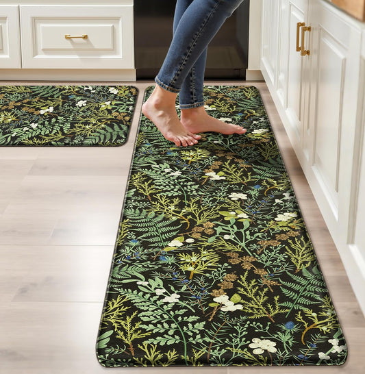 Black Green Botanical Kitchen Rugs Set of 2 Plant Leaf Anti-Fatigue Kitchen Mat Natural Comfort Standing Waterproof PVC Mats 2/5" Thick Leather Carpet for Laundry Office Sink(17.3" x28" + 17.3" x 59")